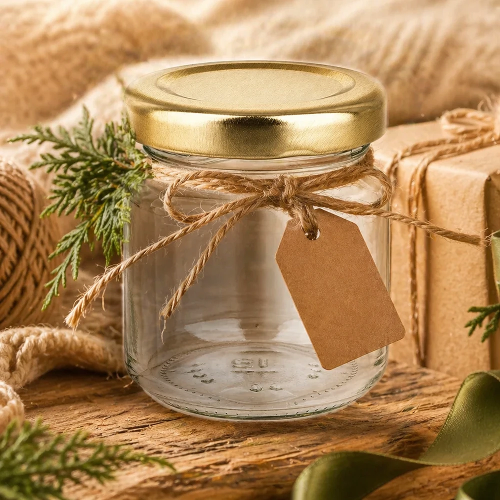 53ml rond glas met BasicSeal deksel goud UNiTWIST 53 ml ronde pot UNiTWIST met gouden deksel als cadeau-idee versierd met raffia lint en hanger