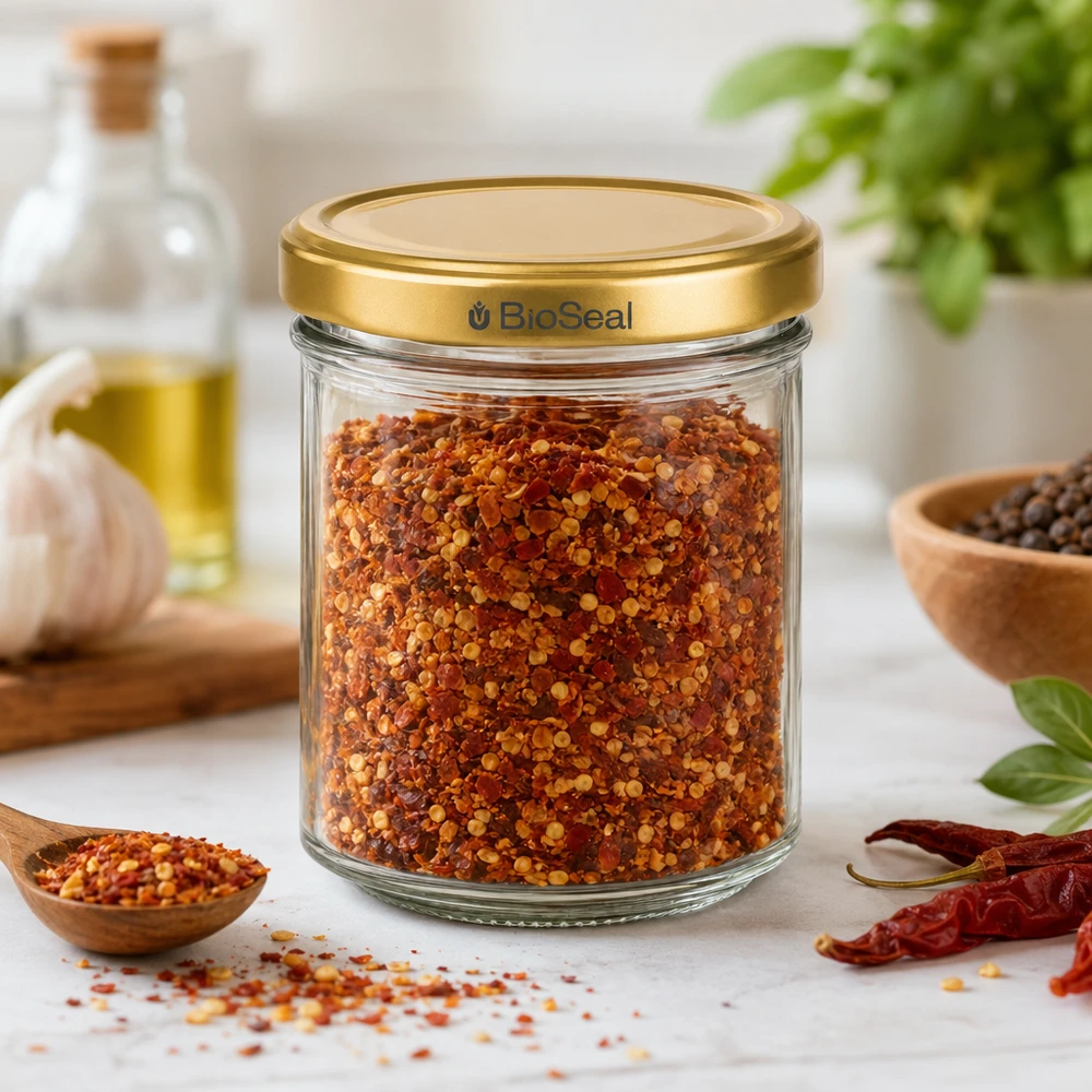 Honingpot 200 g met gouden BioSeal UNiTWIST-deksel BioSeal 200g Glasbehaelter mit goldenem Deckel gefuellt mit roter Gewuerzmischung umgeben von Kuechenzubehoer und Kraeut