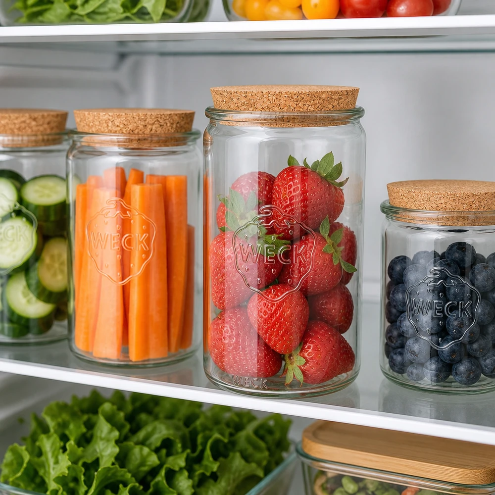 1590ml cilinderglas WECK RR100 met kurk WECK voorraadpotten 1590ml RR100 met kurkdeksel in de koelkast gevuld met aardbeien wortelen bosbessen en komkommers