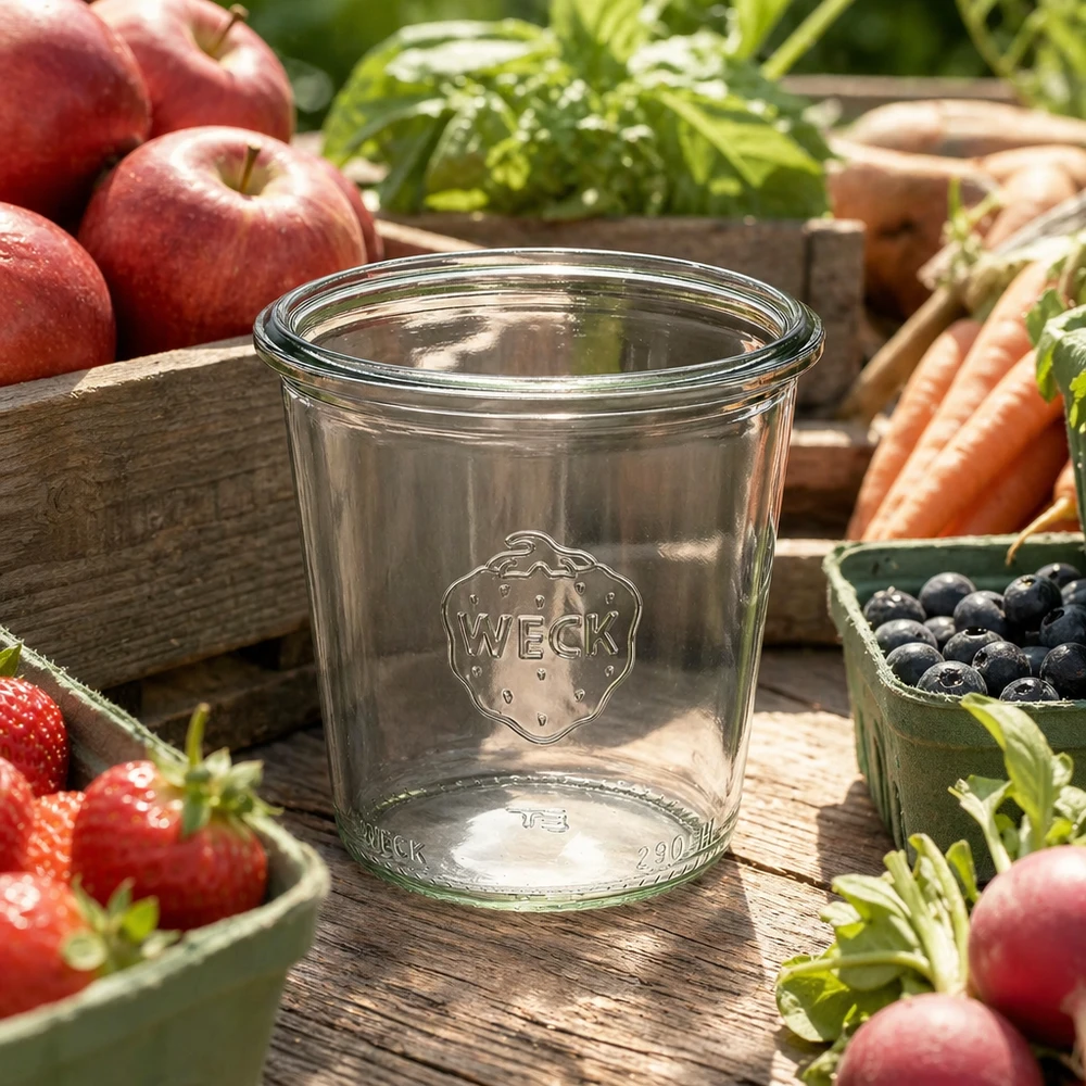 290 ml hoog weckglas WECK RR80 WECK bekers 290ml RR80 hoog van glas met logo omringd door vers fruit en groenten op een houten tafel