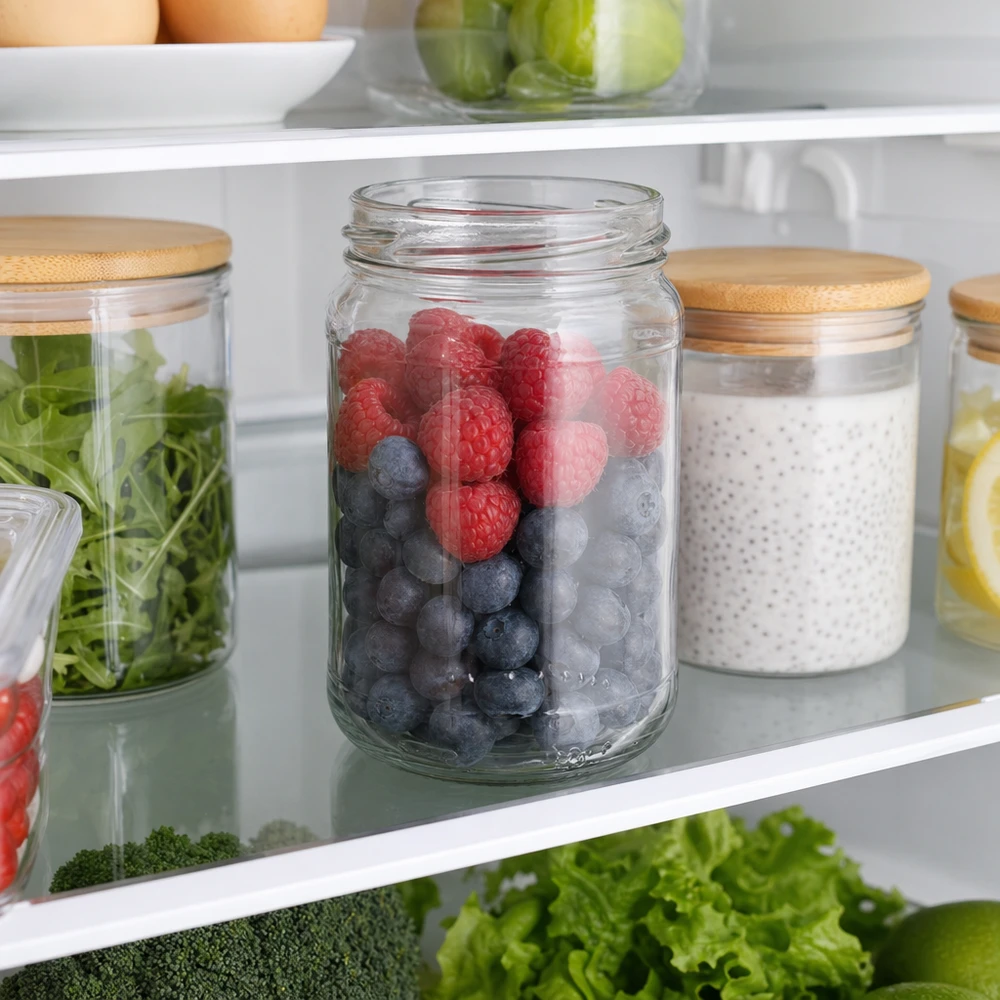 UNiTWIST Runda305 ronde pot 305ml met bessen in de koelkast, glazen pot met houten deksel om voedsel in te bewaren