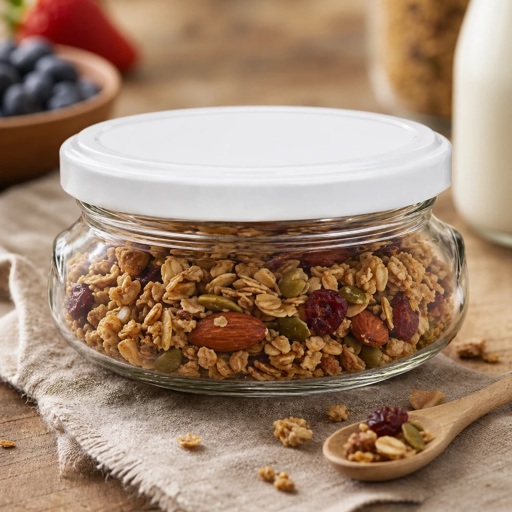 120ml terrine met BasicSeal deksel wit UNiTWIST 120 ml terrine met wit deksel gevuld met notenmix en gedroogd fruit op een rustieke houten plank met lepel
