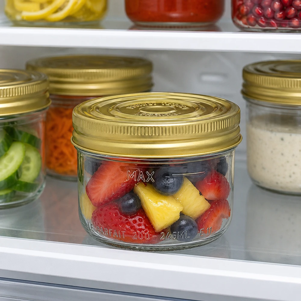 Le Parfait® Familia Wiss 200 g Ø82 mm pot 245ml Familia Wiss bekers met gouden deksel gevuld met fruit in de koelkast