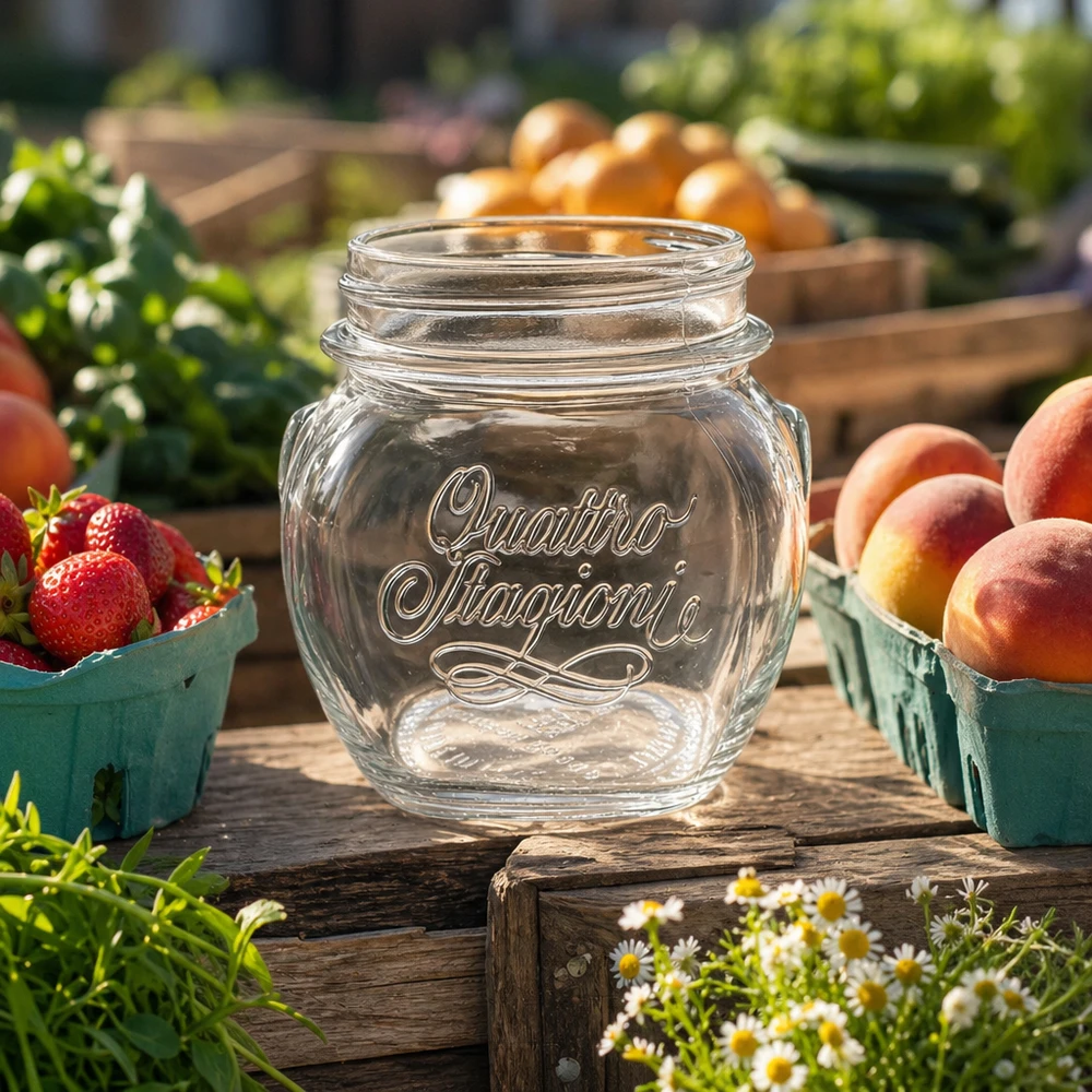 300ml Quattro Stagioni huishoudglas leeg op houten tafel met verse aardbeien en perziken in rustieke keuken