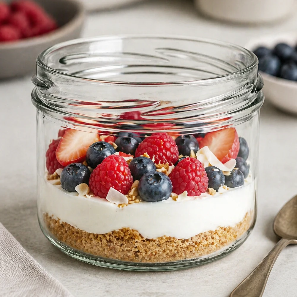 260ml beker zonder deksel (TO82) UNiTWIST UNiTWIST Sturz260 rond glas 260ml TO82 gevuld met yoghurt bessen muesli als dessert in een glas Product afbeelding