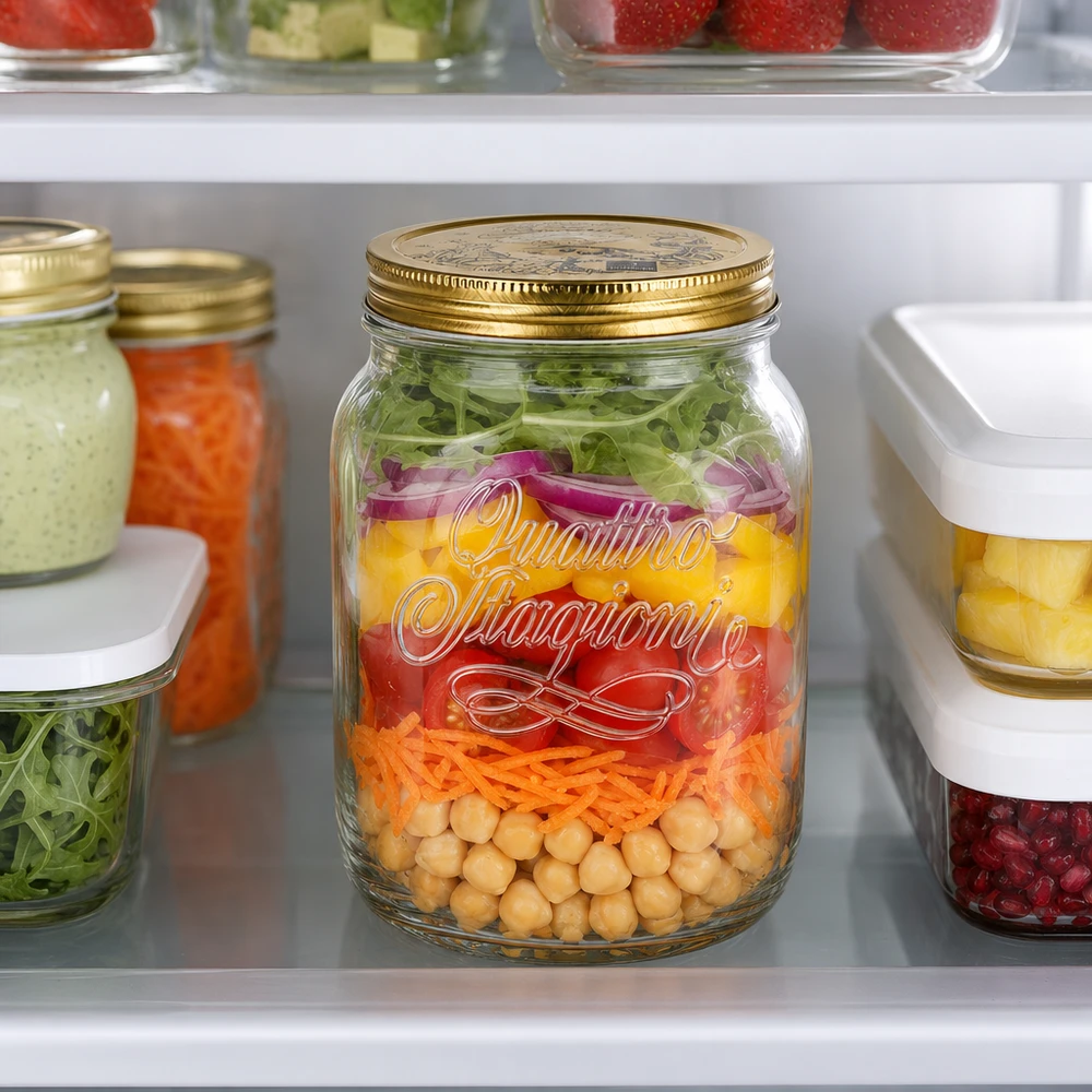 2000 ml rond glas "Quattro Stagioni" met deksel Quattro Stagioni 2 liter voorraadpot met gelaagde salade in de koelkast - perfecte voorraadpot voor verse salades