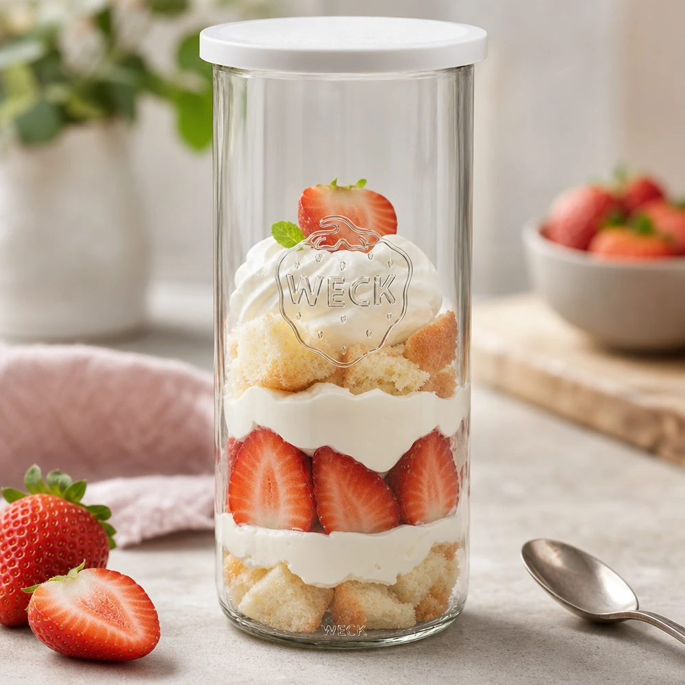 1500ml stortglas met vershouddeksel WECK RR100 WECK 1500ml RR100 pot gevuld met aardbeien dessert toont veelzijdig gebruik als dessertbord met lepel