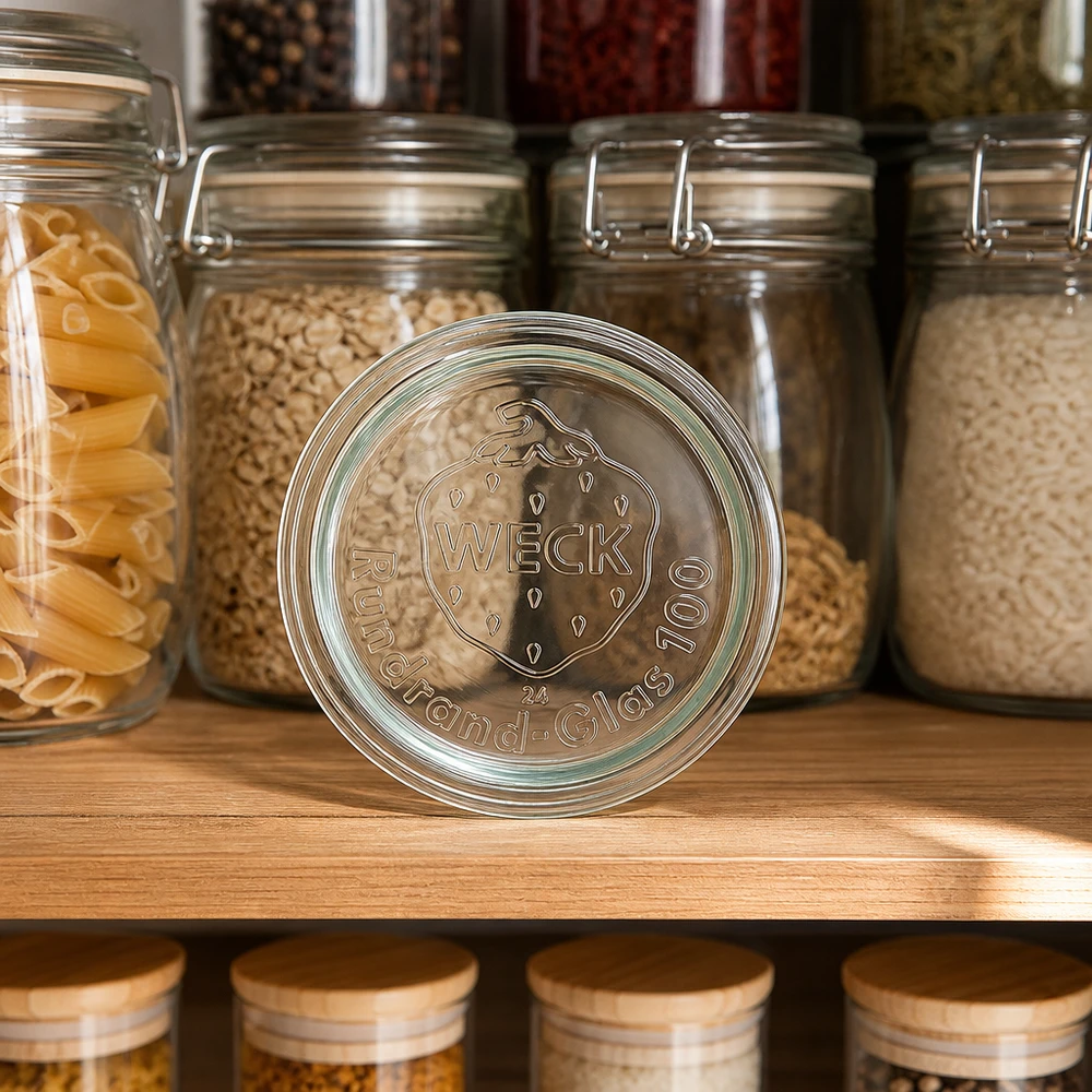 WECK glazen deksel RR100 WECK glazen deksel RR100 in voorraadkeuken met inmaakpotten vol pasta, rijst en granen op een houten plank