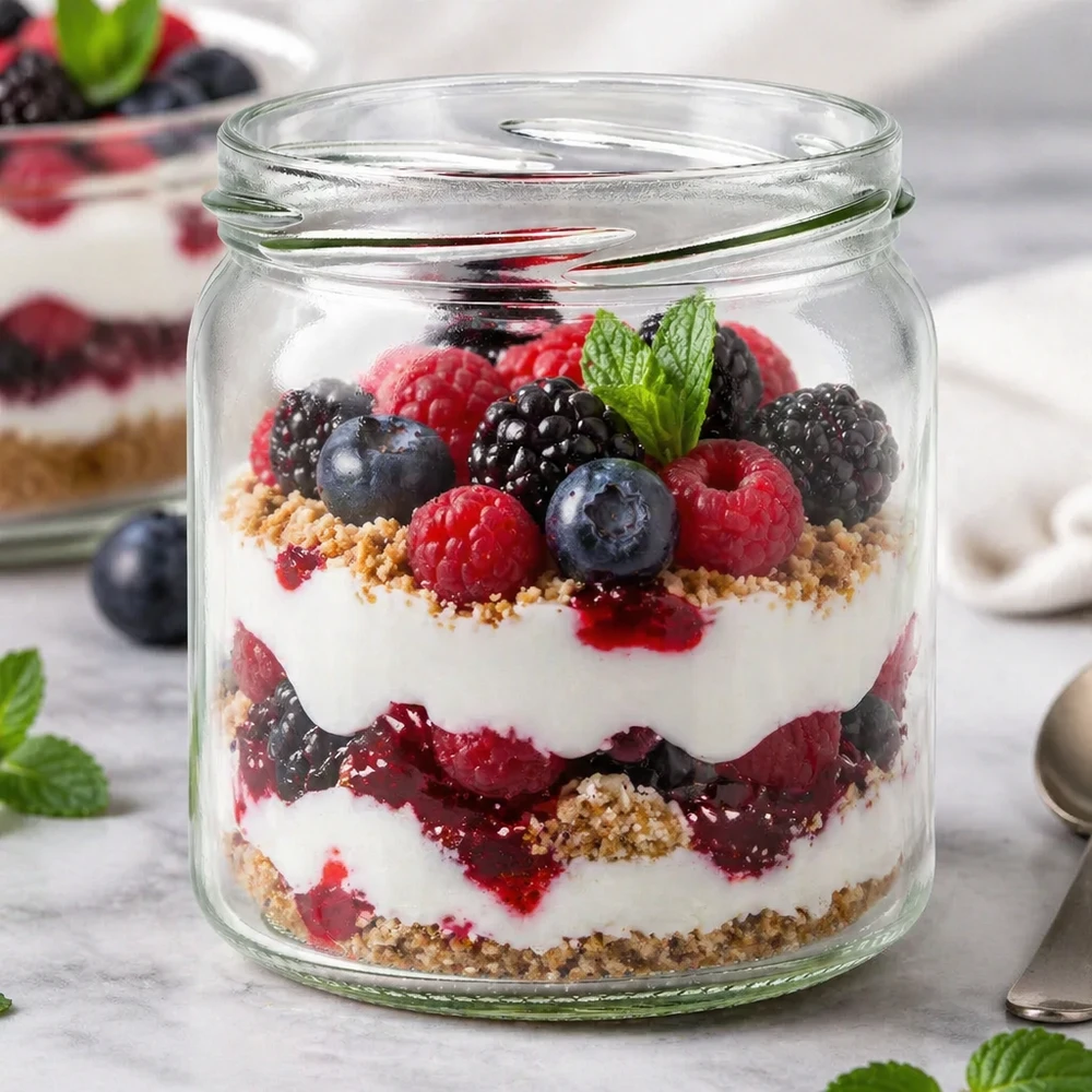 408ml rond glas zonder deksel (TO82) UNiTWIST UNiTWIST Runda408 rond glas 408ml als dessertglas met bessenyoghurt gelaagd dessert toont veelzijdig gebruik
