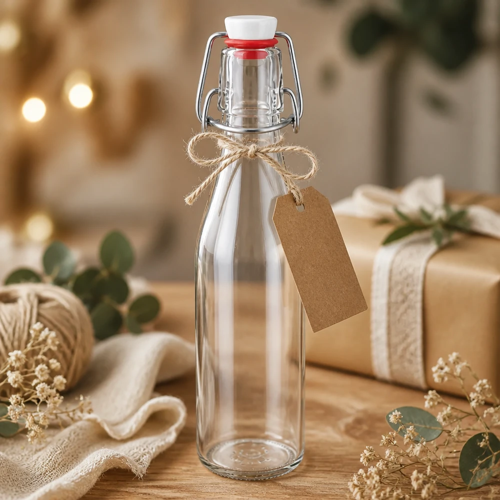 Glazen fles 250 ml met draaidop gedecoreerd als cadeau, kraftpapier label en jute koord, feestelijke presentatie.