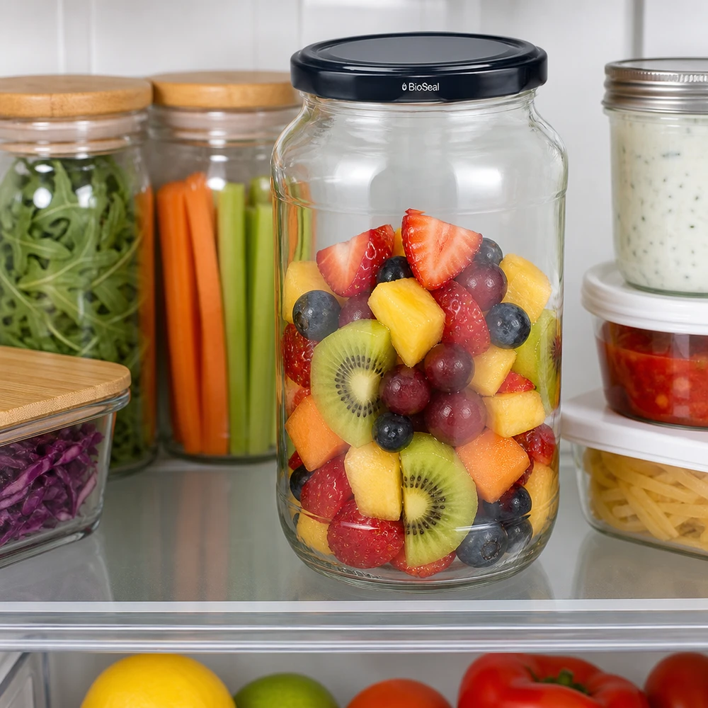UNiTWIST ronde pot 1062 met zwart TO82 BioSeal deksel gevuld met fruitsalade om vers te houden in de koelkast