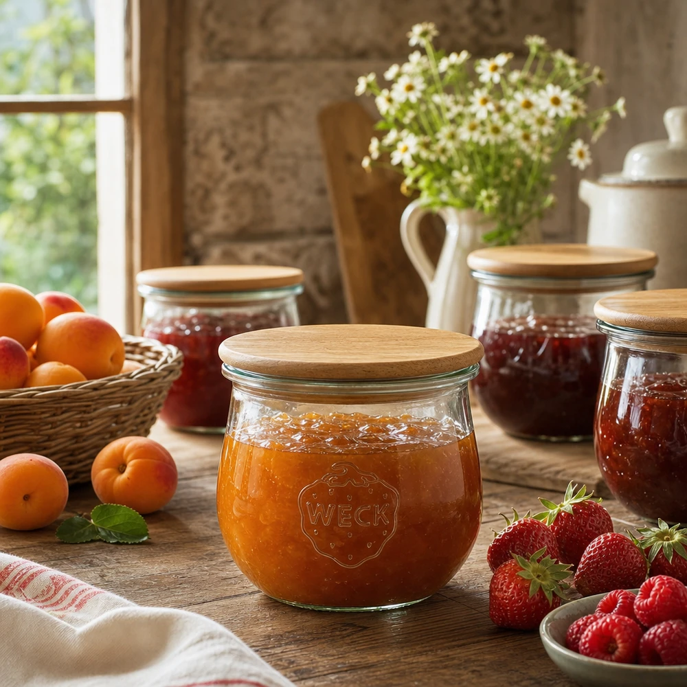 WECK tulpenpot 370ml RR80 gevuld met abrikozenjam naast vers fruit in een rustieke keuken