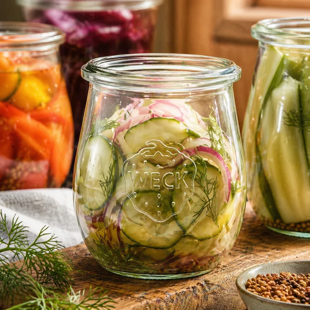 220ml tulpenpotten WECK RR60 WECK tulpenpot 220ml RR60 gevuld met ingemaakte komkommers en dille naast kleurrijke inmaakpotten Preserves Kitchen