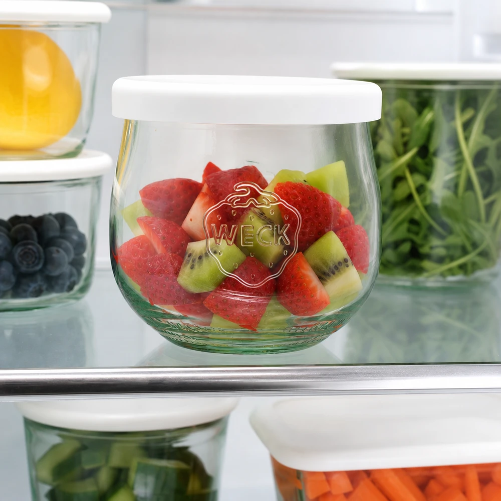 WECK tulp pot 370ml met fruitsalade in de koelkast witte siliconen deksel Meal Prep versheid opslag pot