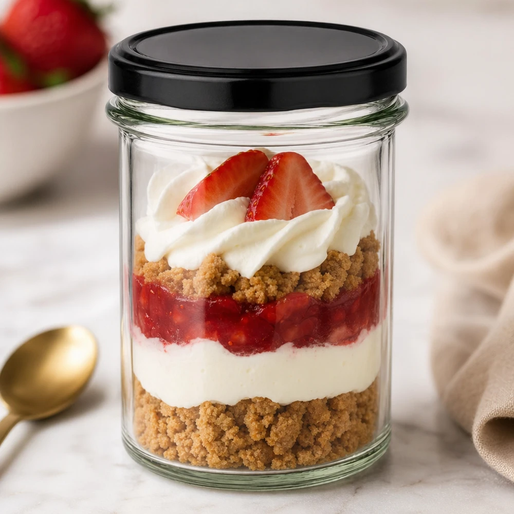 230ml bekers met BasicSeal deksel zwart UNiTWIST 230 ml bekers met zwart deksel als dessertglas voor gelaagde desserts met aardbeien, room en biscuitbodem