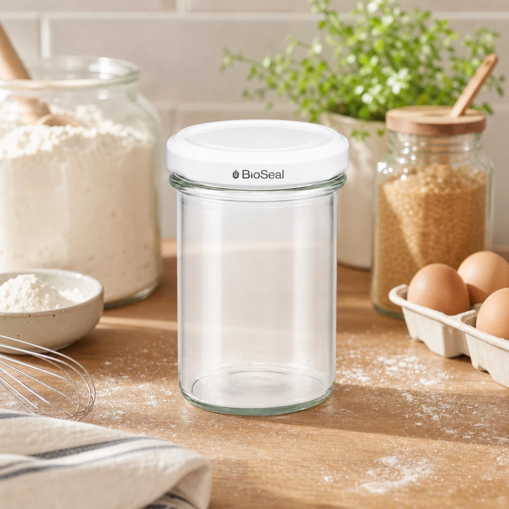 230ml bekers met BioSeal deksel wit UNiTWIST UNiTWIST Sturz230 Einmachglas weisser TO66 BioSeal Deckel Küchenszenerie Backzutaten Eier Mehl stylisches Design
