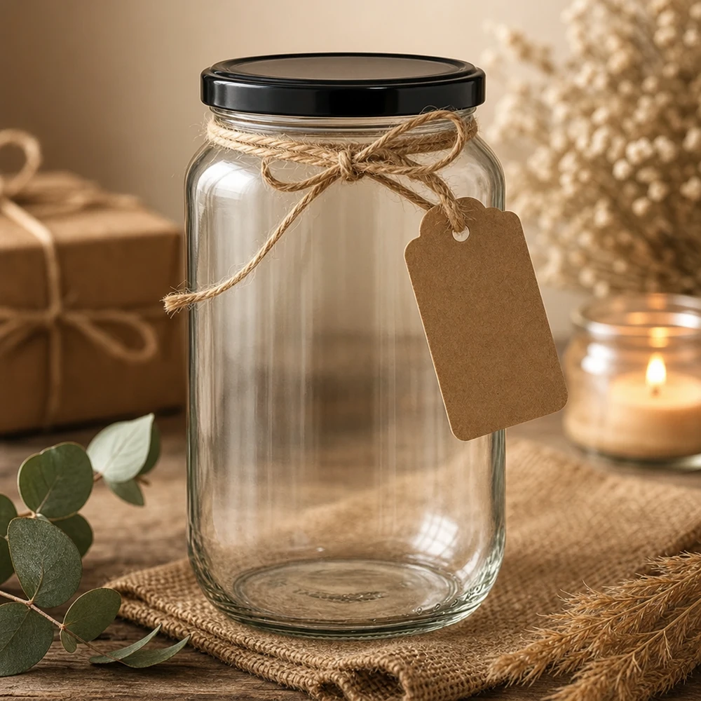 1062ml rond glas met BasicSeal deksel zwart UNiTWIST 1062 ml ronde pot versierd met jute koord en kraft papieren label - stijlvolle geschenkverpakking voor inmaakpotten