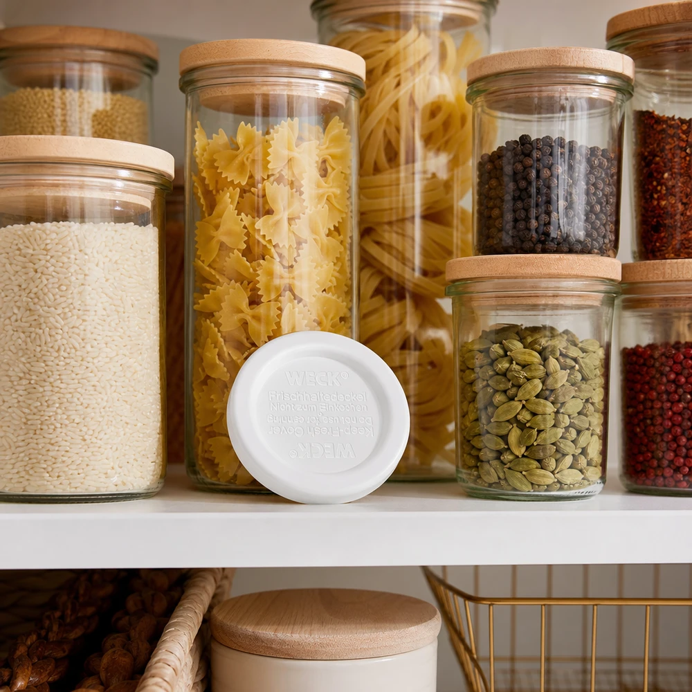 WECK vershoudend deksel RR40 WECK keep-fresh deksel RR40 voor opslagorganisatie met pasta rijst kruiden in potten met houten deksels
