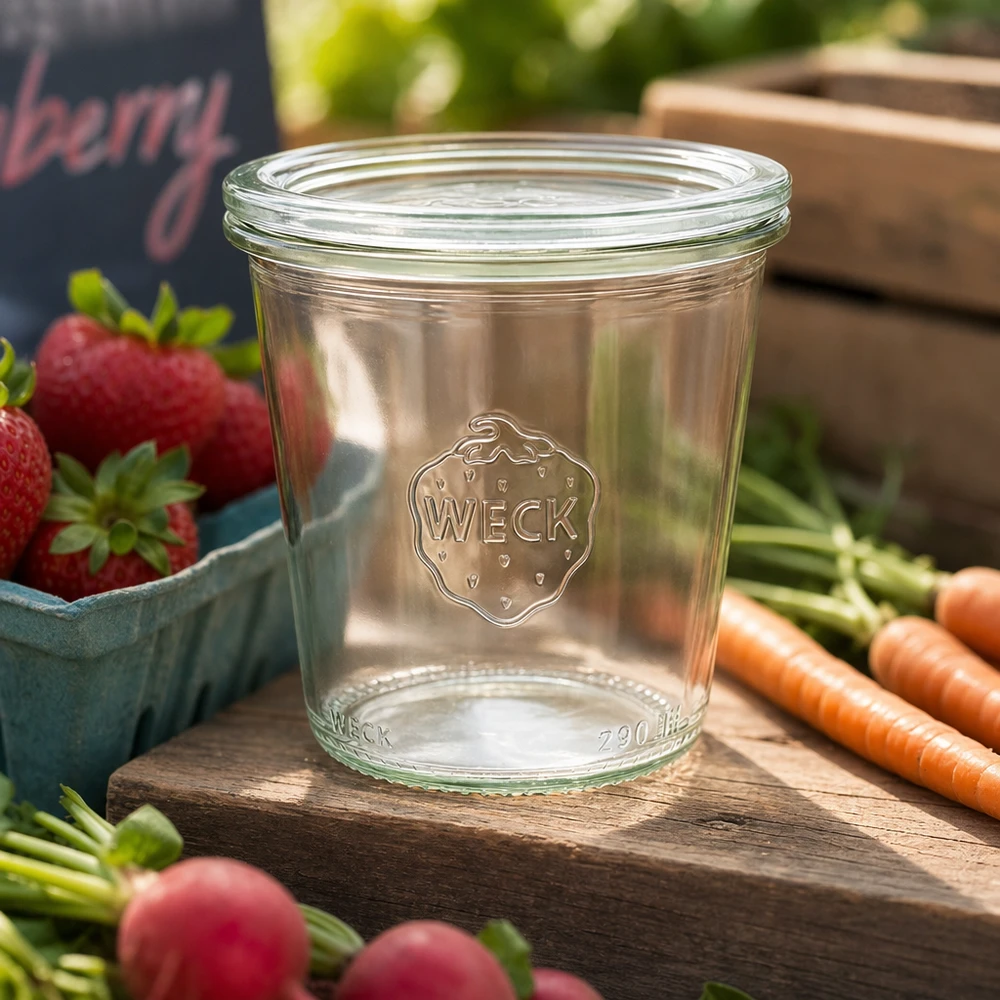 290ml stortglas hoge met glazen deksel WECK RR80 WECK bekers 290ml RR80 leeg op houten plank met verse aardbeien wortelen en radijsjes voor natuurlijke voedselopslag.