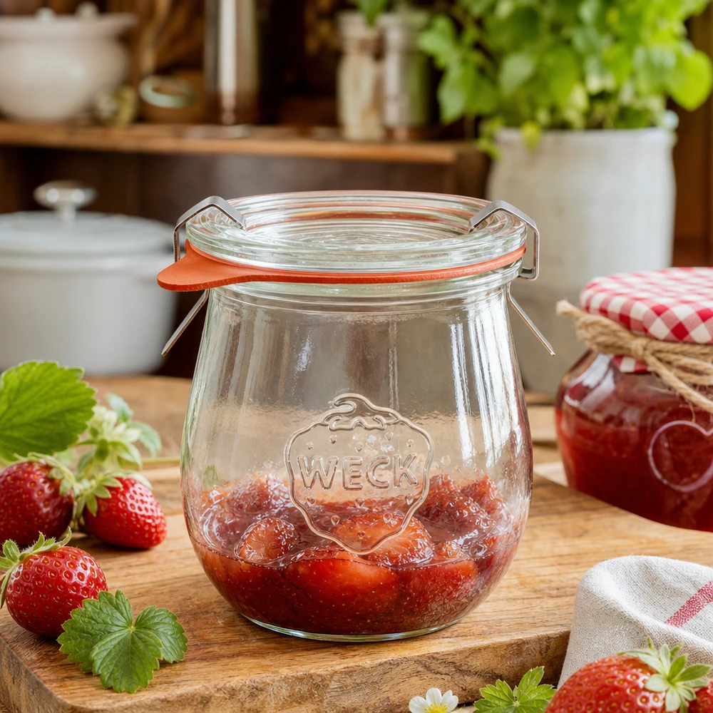 WECK tulpenpot 220ml gevuld met aardbeienjam op een houten plank in een gezellige keuken met verse aardbeien