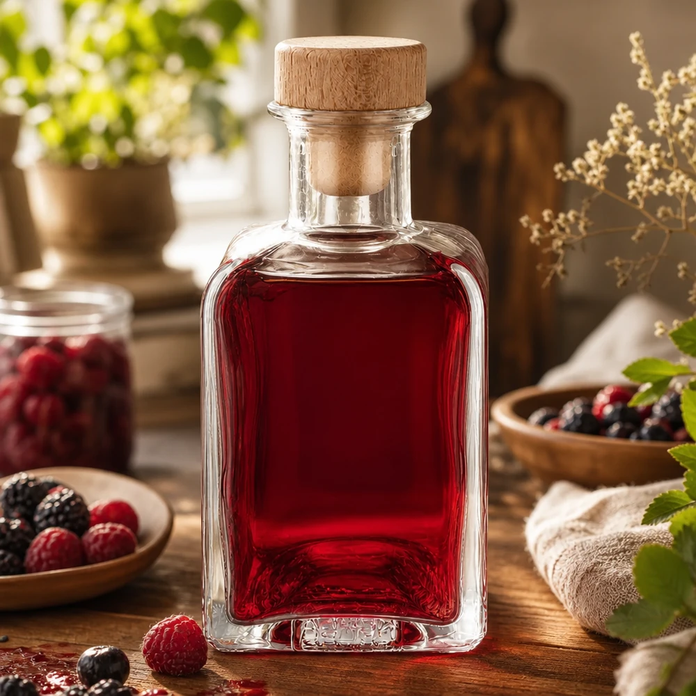 200 ml Apothekersfles Clara met houten handgreepkurk UNiTWIST® 200ml Glasflasche Clara mit rotem Beerensaft befüllt rustikale Küchendeko mit frischen Beeren natürlicher Holzkorken