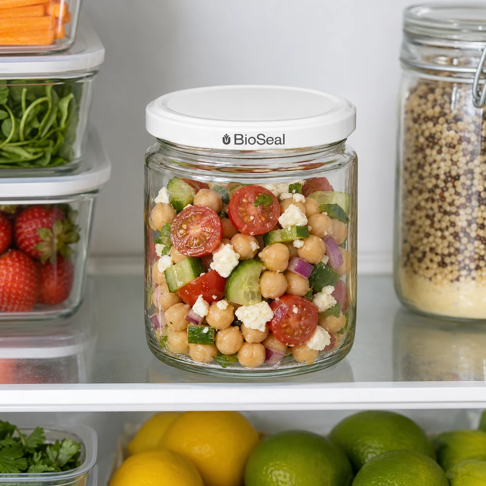 Honingpot 350 g met witte BioSeal UNiTWIST-deksel 250 ml honingpot met BioSeal deksel in koelkast gevuld met kikkererwtensalade tussen bewaarbakjes met fruit
