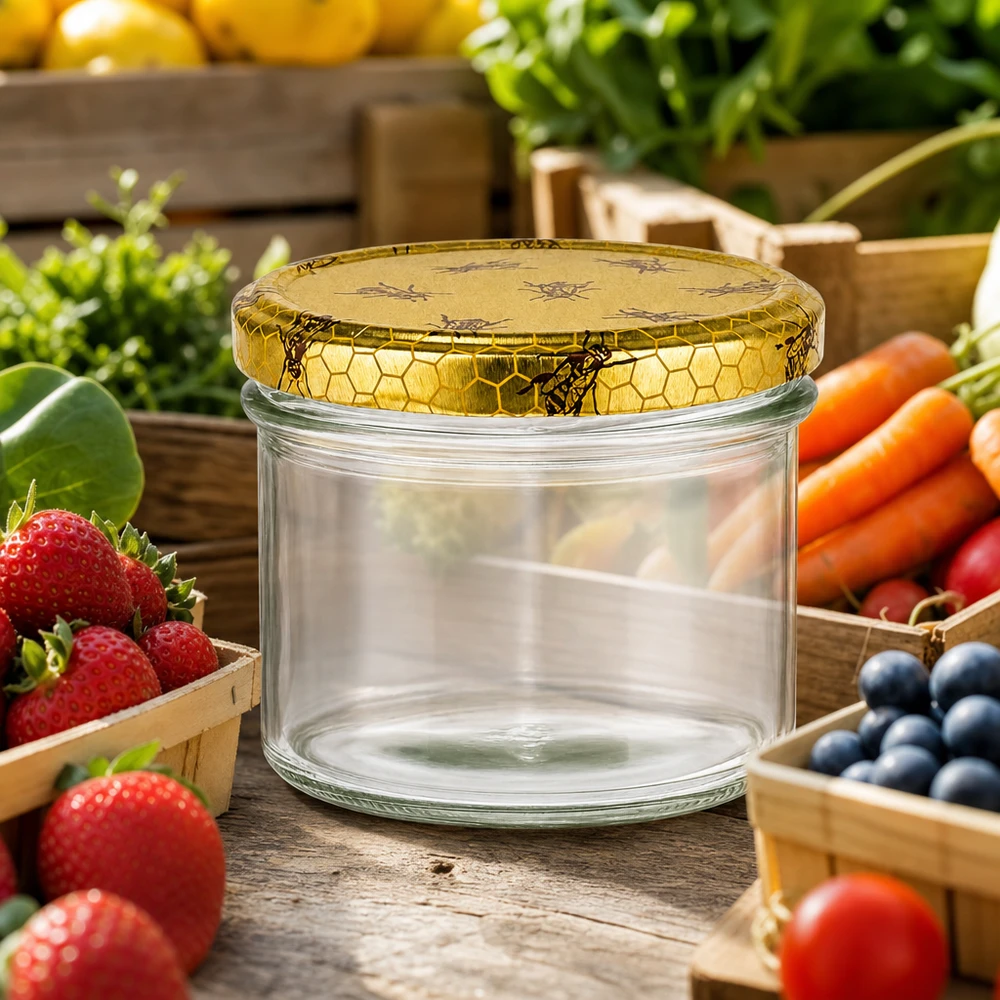 225ml bekers met BasicSeal deksel Honingraat UNiTWIST 225ml lege mason pot met honingraat deksel omringd door vers fruit groenten rustieke keuken inmaakpot