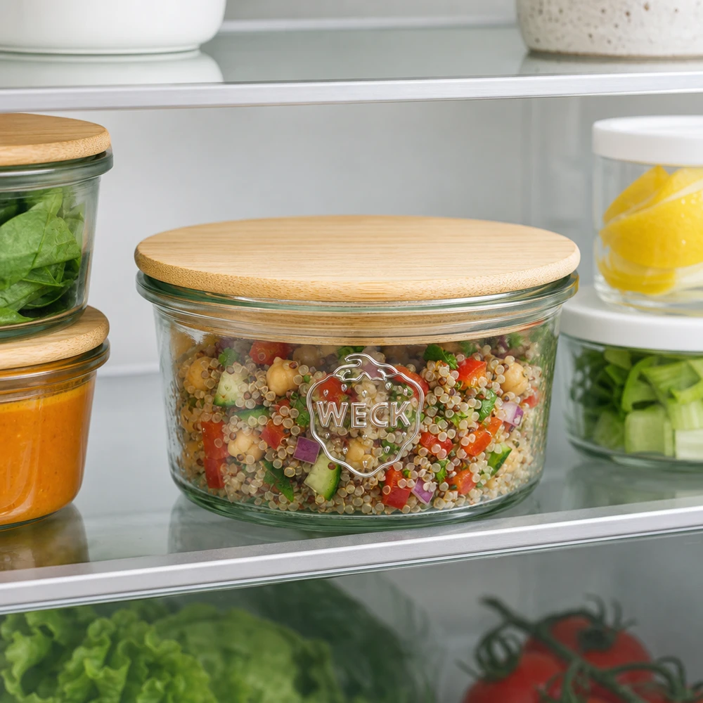 WECK pot RR80 165ml met bamboe deksel voor meal prep organisatie in de koelkast gevuld met quinoa salade