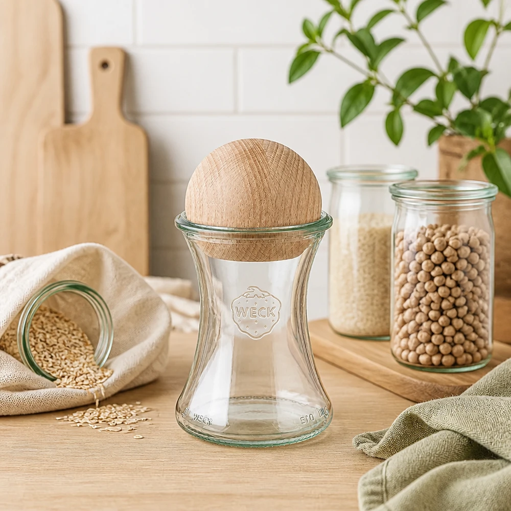370ml delicatessenglas WECK RR80 met houten bal WECK inmaakpot 370ml RR80 houten bol beuken keuken peulvruchten granen duurzaam bewaren voorraadpotten