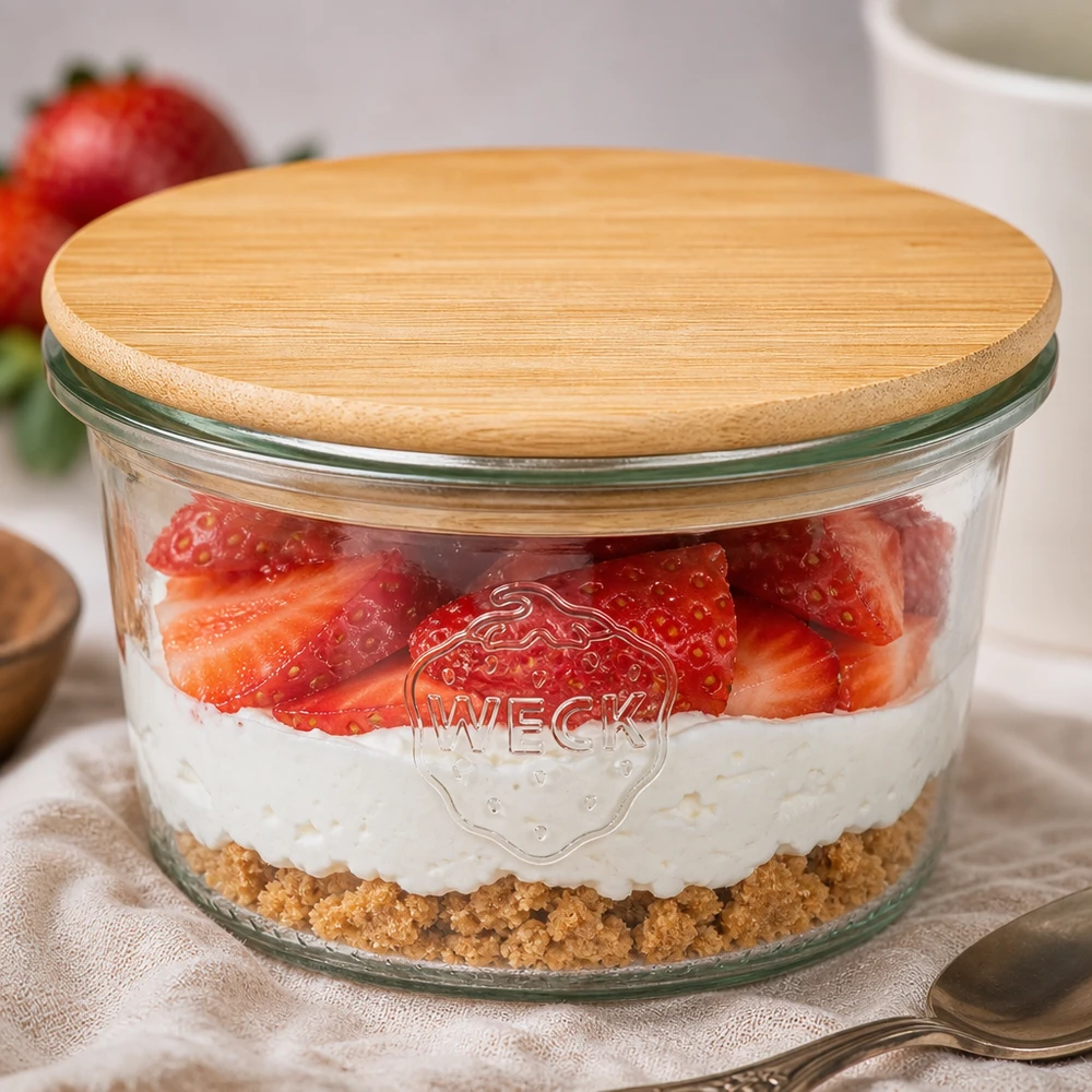 WECK pot 80ml RR60 bamboe deksel gelaagd dessert aardbeien yoghurt biscuit basis single serving