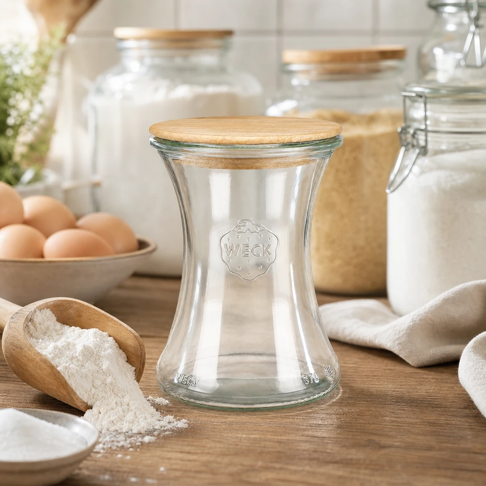 370ml delicatessenglas WECK RR80 met hout deksel WECK delicatessenpot 370ml RR80 met houten deksel op houten werkblad naast bloem, eieren en bakingrediënten in keuken