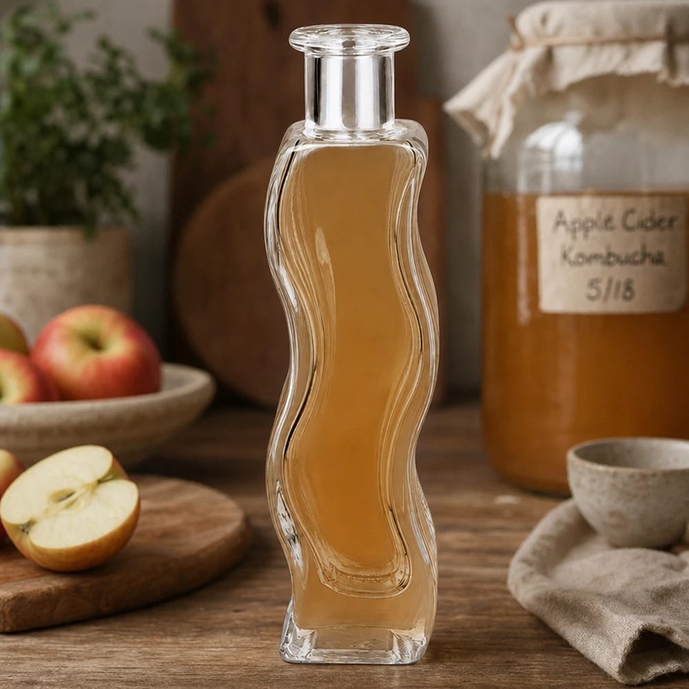 Glazen fles Melissa 100ml gevuld met appelciderazijn in natuurlijke keuken met verse appels en Kombucha glas