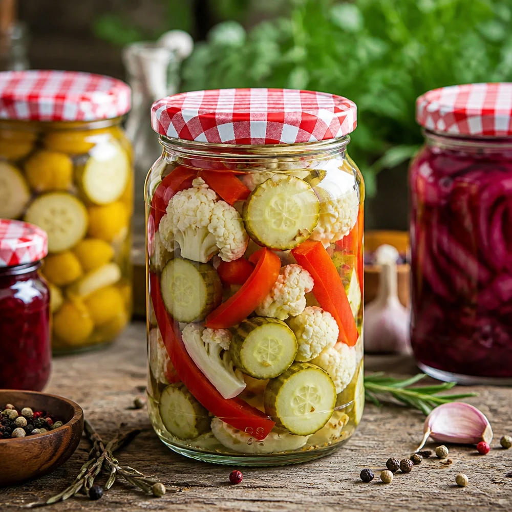 1062ml rond glas met BasicSeal deksel rood/wit UNiTWIST 1062ml ronde pot BasicSeal deksel met ingemaakte gemengde groenten Bloemkool Komkommer Paprika Inmaakpot Fermentatie