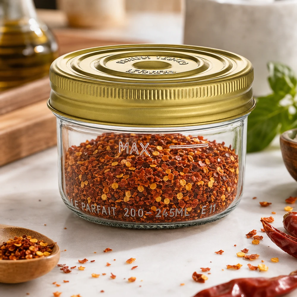 Le Parfait® Familia Wiss 200 g Ø82 mm pot 245ml Familia Wiss bekers met gouden deksel gevuld met rode chilivlokken op keukentafel met kruiden