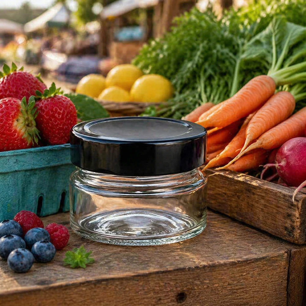80ml rond glas met BasicSeal deksel zwart deep UNiTWIST 80ml Rundglas BasicSeal schwarz auf Holztisch mit frischem Obst Gemüse Marktstand Atmosphäre vielseitig einsetzbar