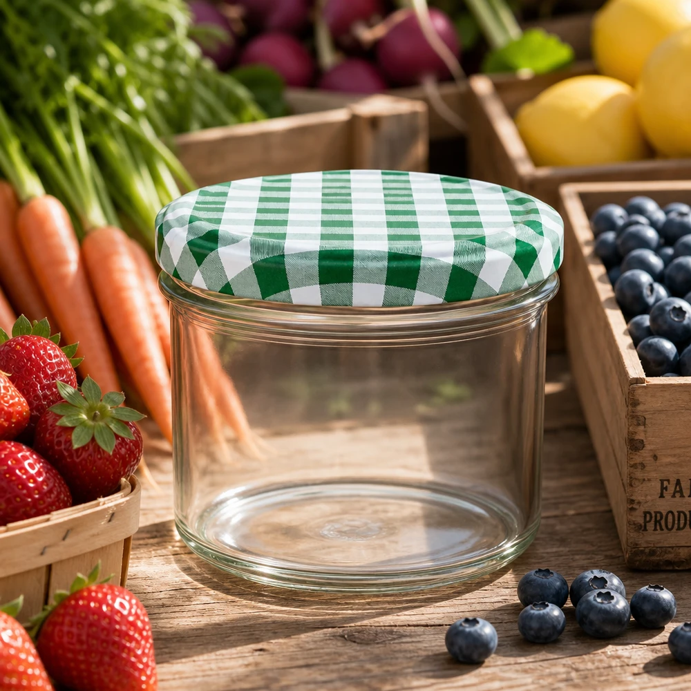 225ml bekers met BasicSeal deksel groen/wit UNiTWIST Titels van 225 ml met groen en wit geblokte deksels, omringd door vers fruit en groenten in een rustieke keukensetting