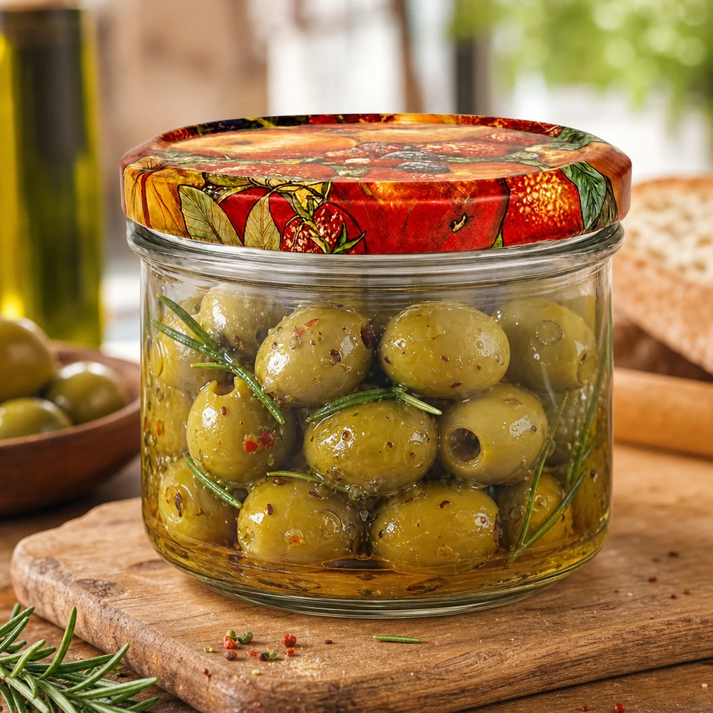 225ml bekers met BasicSeal deksel Fruit decor UNiTWIST Fruitdecoratiepot 225 ml gevuld met gemarineerde olijven, conserveringspot voor mediterrane antipasti en delicatessen