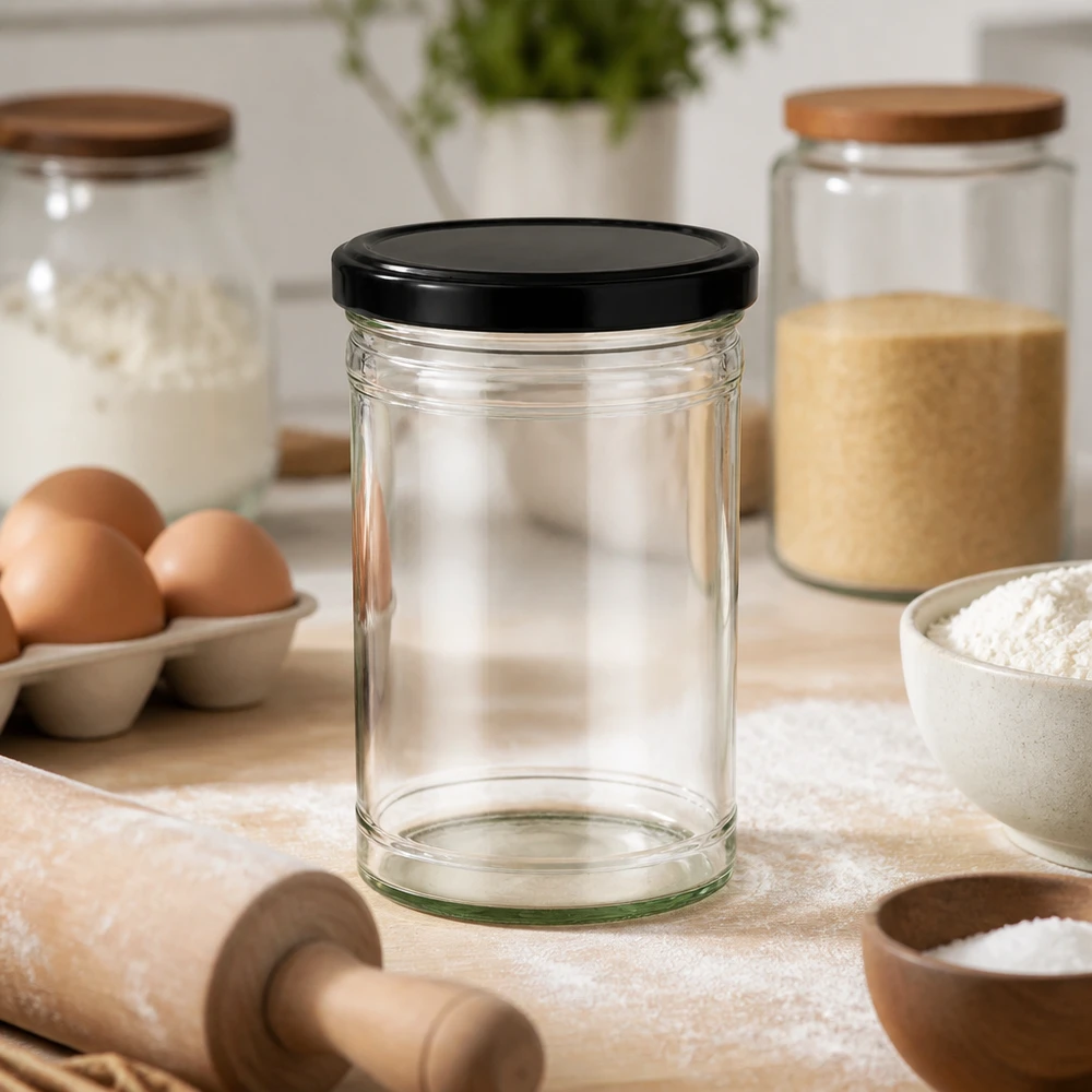 1053ml beker met BasicSeal deksel zwart UNiTWIST Lege 1053ml bekers met zwart deksel in keuken met eieren bloem deegroller voor bakken en koken