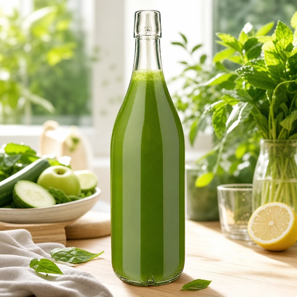 1000ml glazen fles zonder draaidop UNiTWIST Glazen fles 1000ml UNiTWIST gevuld met groene smoothie verse groenten fruit keuken tafereel gezonde voeding