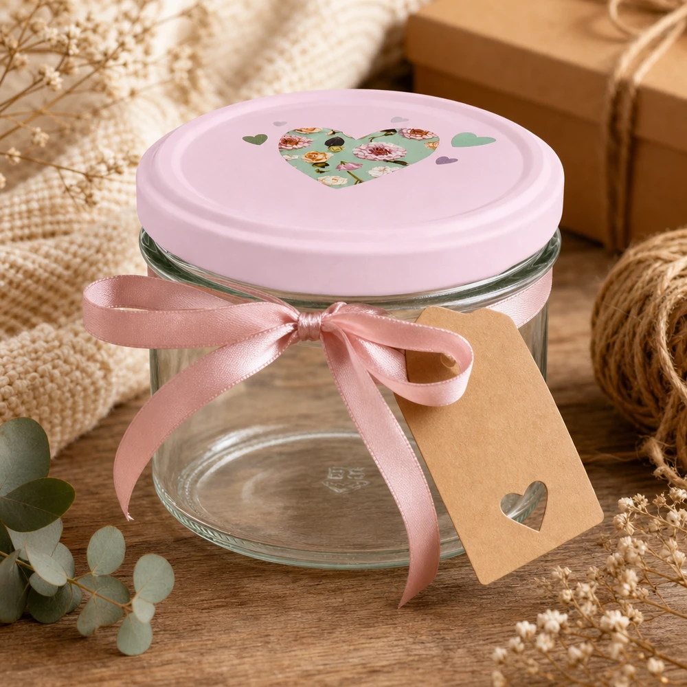 Glazen van 225 ml + BasicSeal-deksel met roze hart UNiTWIST 225ml bekers met roze hart deksel als geschenkverpakking met strik en hanger in romantische decoratie