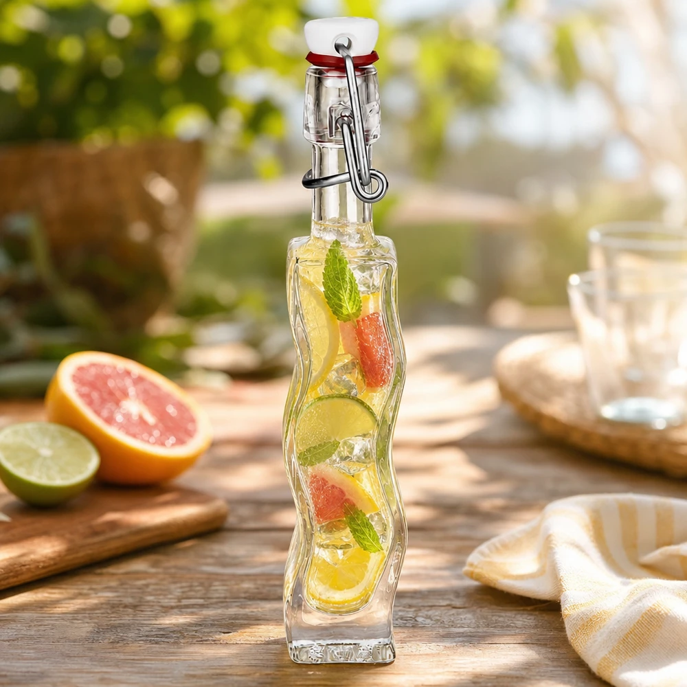 40 ml glazen fles Fila met PVC-sluiting UNiTWIST® 40ml glazen fles Anna gevuld met citrussappen op houten tafel met grapefruit, limoen en munt buiten