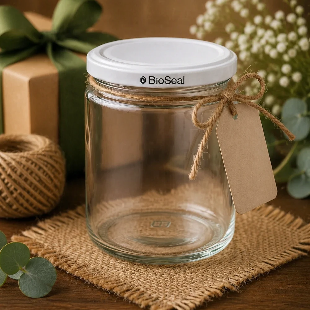 Honingpot 350 g met witte BioSeal UNiTWIST-deksel 250ml honingpot BioSeal UNiTWIST leeg versierd met jute strik kraftpapier label rustieke cadeau stijl