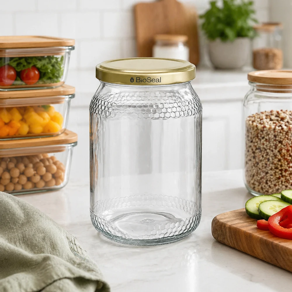 Honingpot 1260 g met gouden BioSeal UNiTWIST-deksel Honingpot 900ml leeg met gouden BioSeal deksel in een moderne keuken tussen voorraadpotten en verse ingrediënten