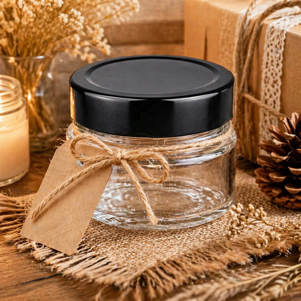 80ml rond glas met BasicSeal deksel zwart deep UNiTWIST 80ml rond glazen potje zwart transparant cosmetisch potje decoratief geschikt met cadeaulint natuurlijke decoratie BasicSeal