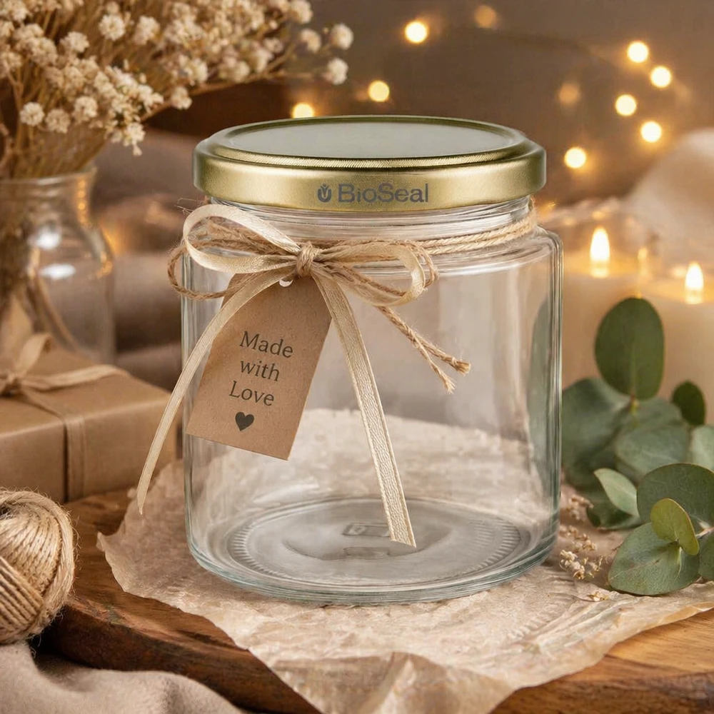Honingpot 350 g met gouden BioSeal UNiTWIST-deksel Leeres 250ml BioSeal Honigglas dekorativ arrangiert mit Geschenkband und Made with Love Anhänger, goldener UNiTWIST Deck