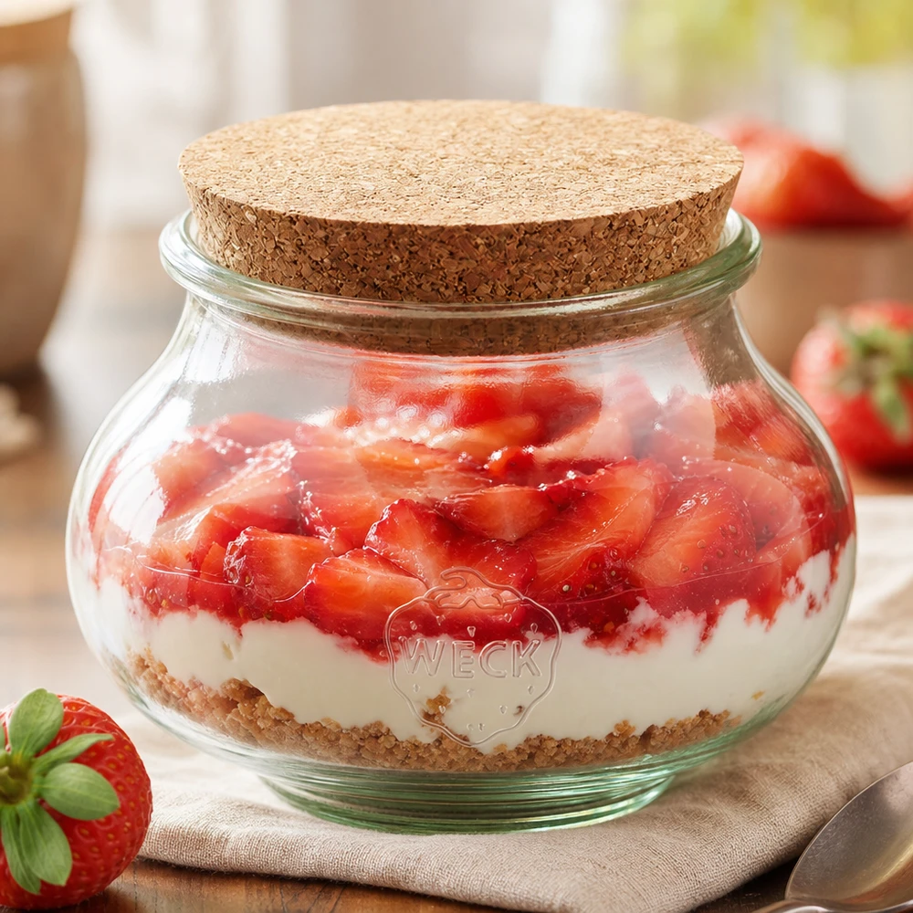 WECK decoratieve pot 560ml RR80 met kurk als dessertpot voor aardbeienyoghurt gelaagde dessert keukenpresentatie