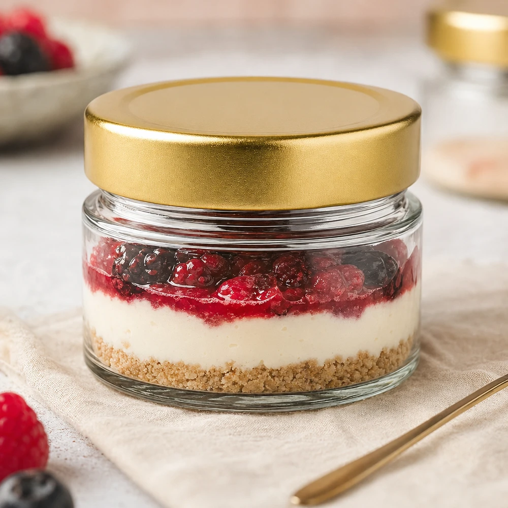 80ml rond glas met BasicSeal deksel goud deep UNiTWIST 80ml rond glas met BasicSeal deksel gouddiep als dessertglas met cheesecake en bessen in een elegante tafeldecoratie