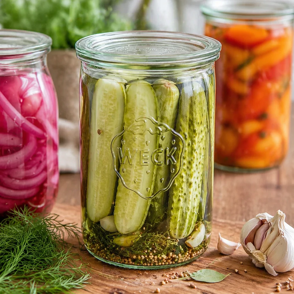 1000ml stortglas met glazen deksel WECK RR100 WECK 1000ml RR100 tuimelaars gevuld met ingemaakte augurken, knoflook en dille voor fermenteren en inmaken