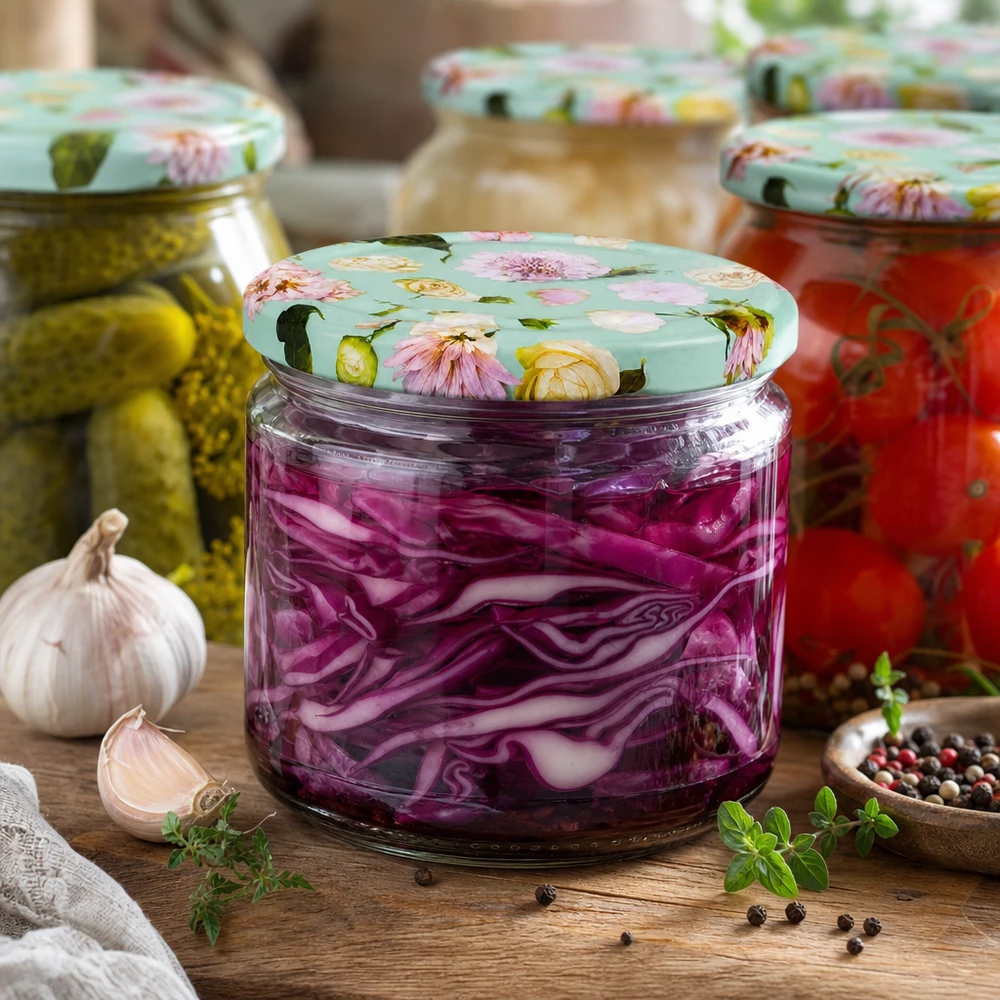 Ronde pot van 330 ml + deksel BasicSeal bloem mint UNiTWIST Gefermenteerde rode kool in 330 ml ronde pot met gebloemde BasicSeal deksel mint naast ingemaakte komkommers en tomaten