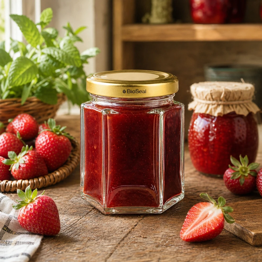 60 g BioSeal honingpot gevuld met aardbeienjam in een keukenscène met verse aardbeien en munt